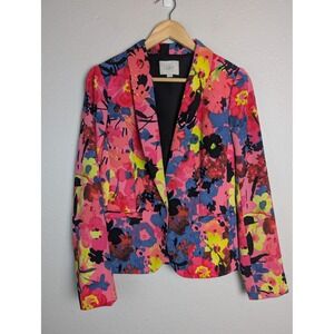 LOFT Blazer Womens S Pink Floral Crepe Lined Notch Lapel One-Button Short